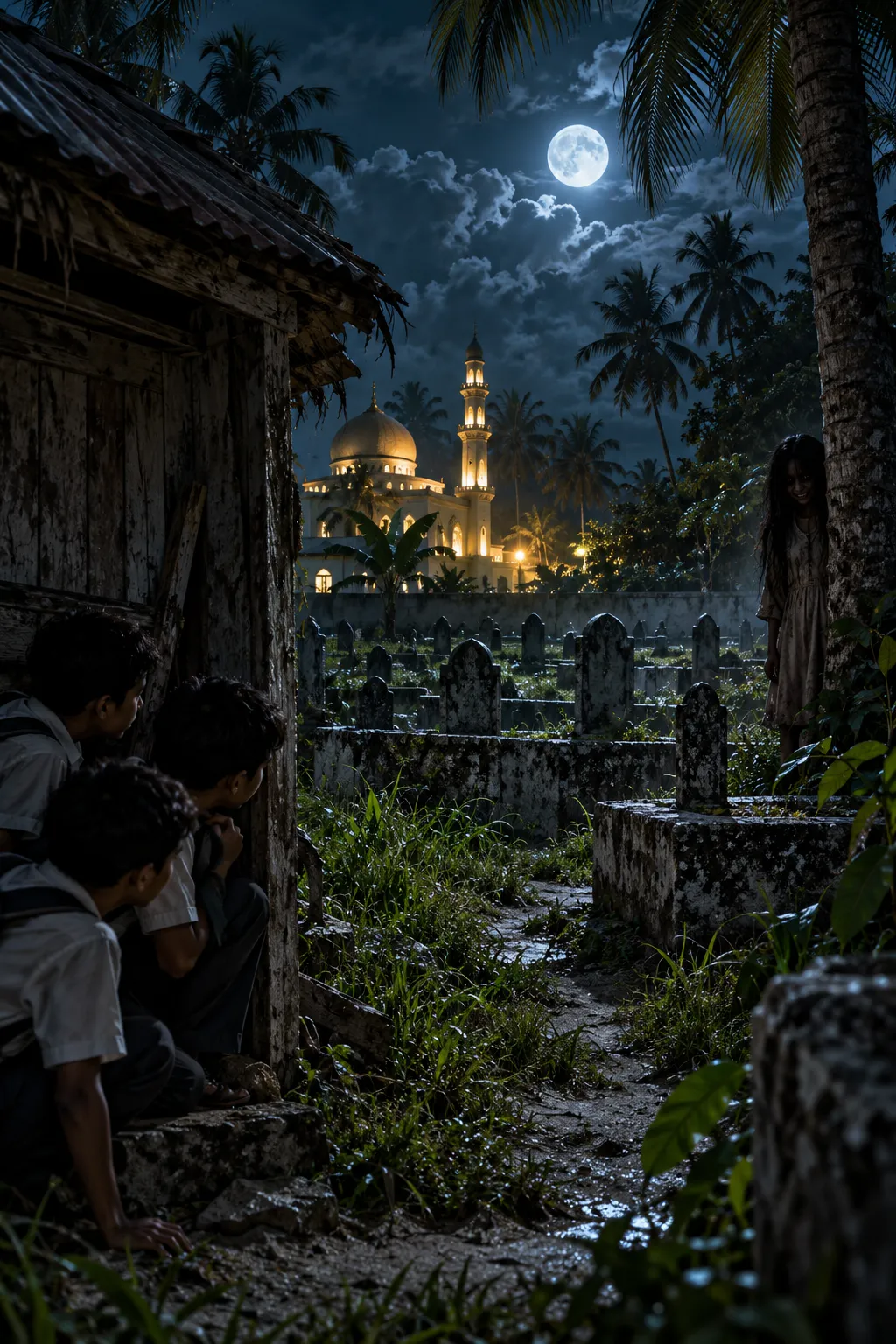 A moonlit cemetery in Hithadhoo with an old hut, palm trees and a shadowy girl standing beside a tree while several boys watch from nearby.