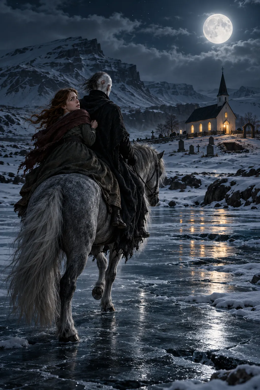 Guðrún rides behind the dead deacon on a gray horse across a frozen Icelandic river toward a church and graveyard under the moon.